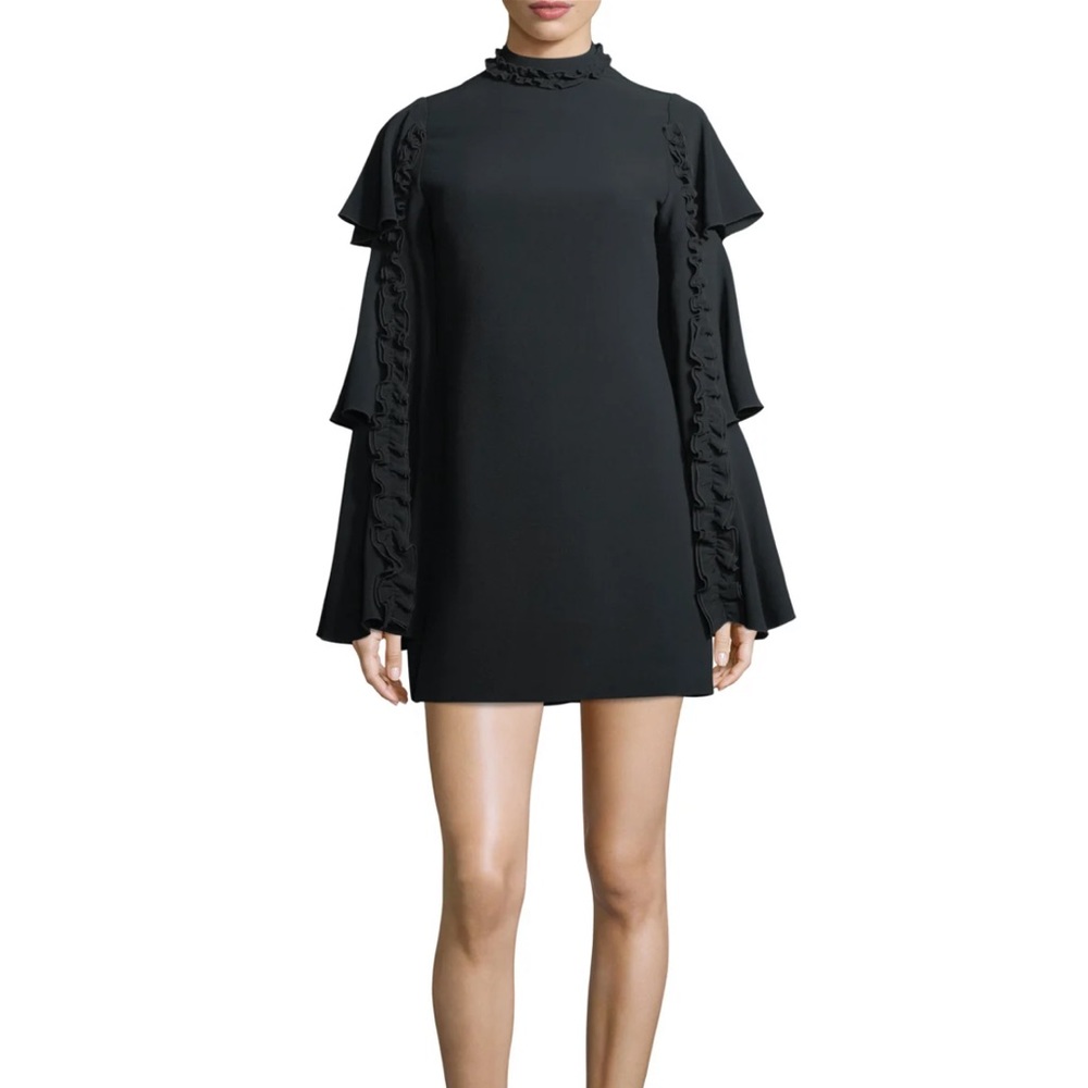 NWT Alexis Marianne Tiered Bell-Sleeve Crepe Dress Ruffled Trim in Black Medium